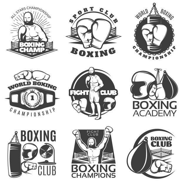 Emblèmes blancs noirs de boxe de clubs et de championnats avec prix d'équipement de sport de chasse isolé