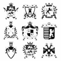 Vecteur gratuit emblèmes de blason et de boucliers de famille héraldique armoiries conception collection d'icônes noires illustration abstraite isolée de vecteur