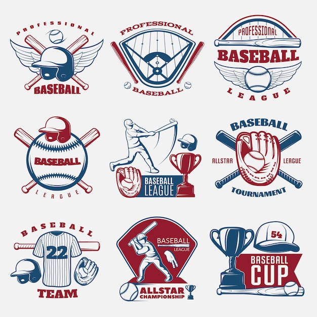 Vecteur gratuit emblèmes de couleur baseball des équipes et des tournois avec terrain de sport trophée et tenue isolée