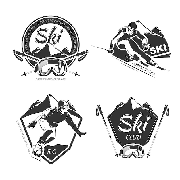 Emblèmes, étiquettes, badges, logos de snowboard et de ski. Logo de ski, étiquette de snowboard, club de snowboard et de ski