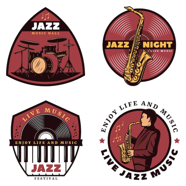 Vecteur gratuit emblèmes de musique jazz live colorés vintage