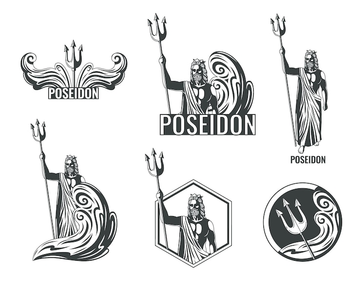 Vecteur gratuit emblèmes plats noir et blanc du dieu grec sertis de poseidon et de son illustration vectorielle isolée de trident