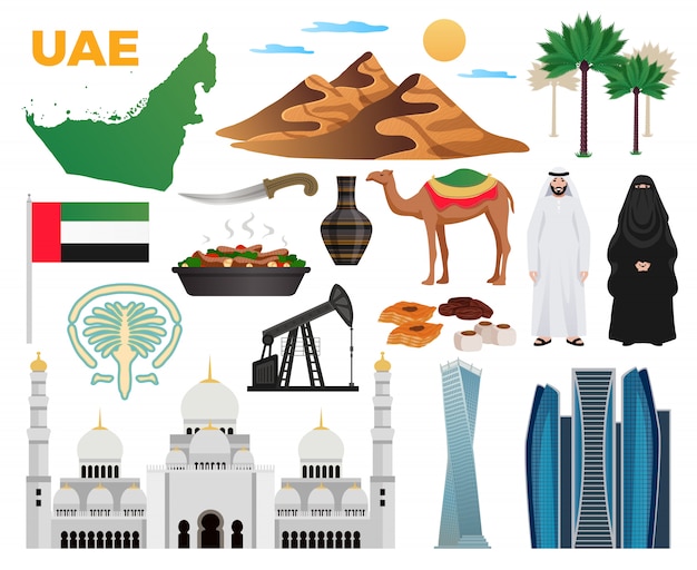 Vecteur gratuit emirats arabes unis collection d'icônes plat avec repères drapeau national vêtements cuisine montagnes architecture moderne mosquée illustration