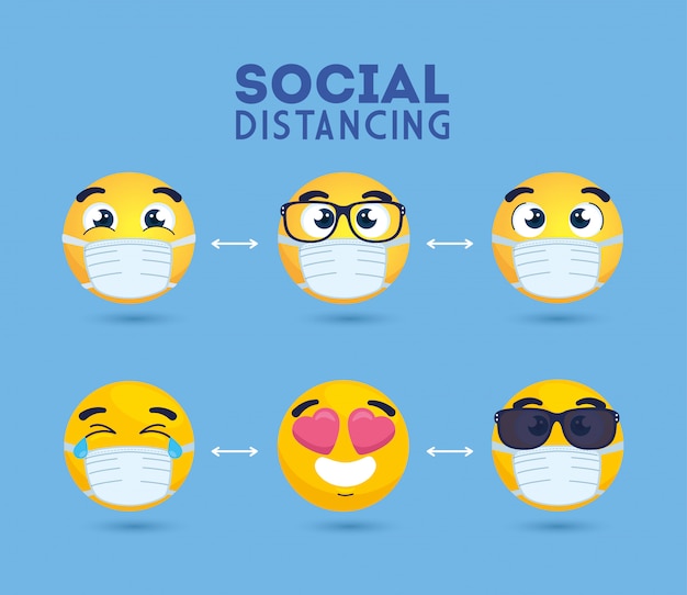 Emoji De Distanciation Sociale Portant Un Masque Médical, Visages Jaunes En  Public Distanciation Sociale Pour La Conception De L'illustration  Vectorielle De Prévention De Covid 19 | Vecteur Premium