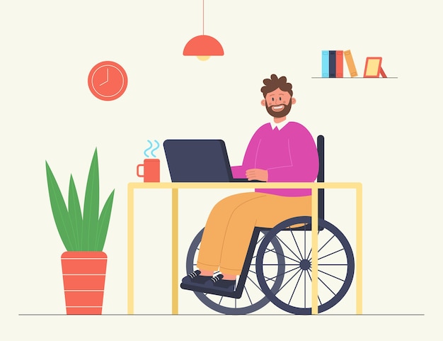 Vecteur gratuit employé assis en fauteuil roulant et travaillant à la maison ou au bureau. accessibilité du travail en ligne pour les personnes handicapées illustration vectorielle à plat. handicap, emploi, concept de ressources humaines
