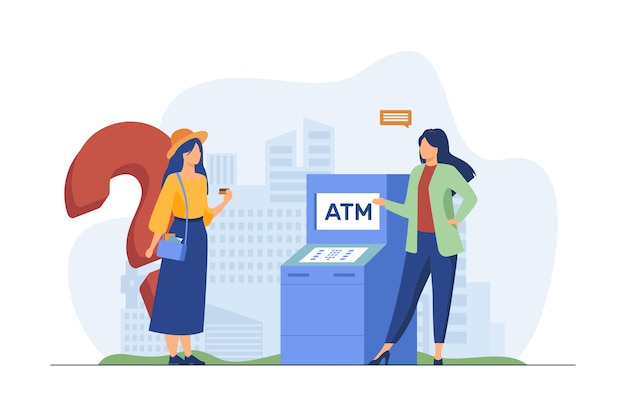 Vecteur gratuit employé de banque aidant les clients à utiliser atm. fille avec carte de crédit ayant question illustration vectorielle plane. finance, service, consultation