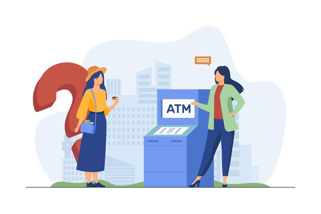 Employé de banque aidant les clients à utiliser ATM. Fille avec carte de crédit ayant question illustration vectorielle plane. Finance, service, consultation