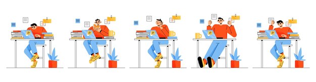 Employé de bureau différentes émotions et activités Jeune homme assis au bureau travailler sur un ordinateur portable en train de déjeuner dormir se réjouir ou en colère expression gestionnaire mode de vie Illustration vectorielle plane linéaire