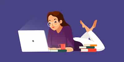 Vecteur gratuit employé à distance travaillant au bureau à domicile femme allongée sur le sol avec un ordinateur portable conditions de travail pratiques et confortables