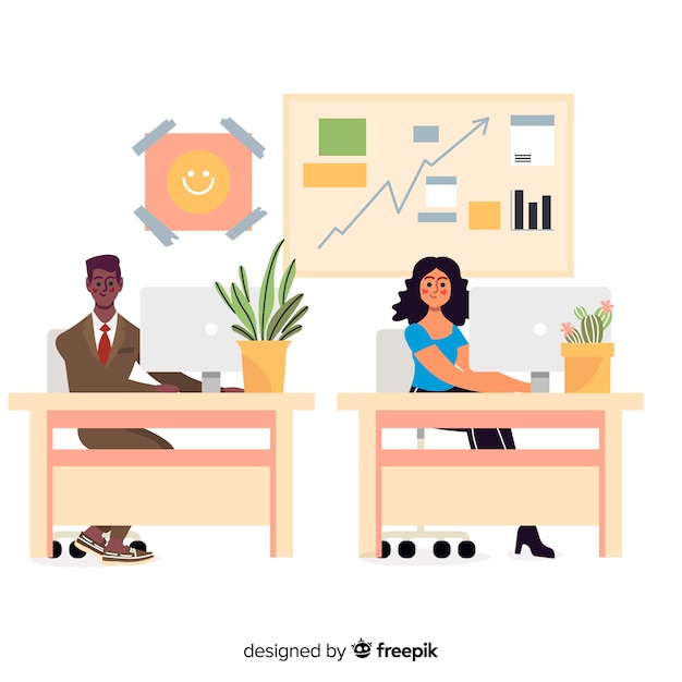 Employés de bureau design plat assis aux bureaux
