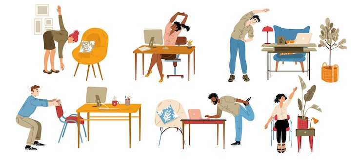 Vecteur gratuit les employés de bureau s'entraînent au travail, s'étirent à leur bureau.