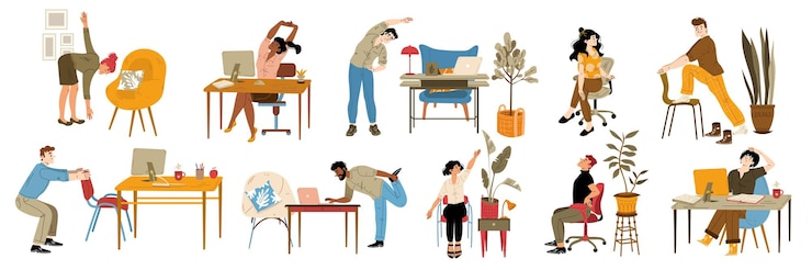 Vecteur gratuit les employés de bureau s'entraînent au travail, s'étirent à leur bureau.