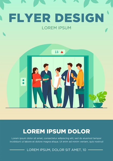 Vecteur gratuit employés utilisant l'ascenseur d'immeuble de bureaux. gens d'affaires debout à l'intérieur de la cabine d'ascenseur avec portes ouvertes. illustration vectorielle pour l'architecture, l'intérieur de l'entreprise, le concept de style urbain
