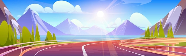Vecteur gratuit empty highway overpass road for expressway sunny morning background with summer landscape with bridge with car freeway forest lake and mountains vector cartoon illustration