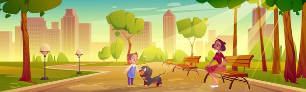 Enfant avec chien et mère à pied dans le parc de la ville d'été