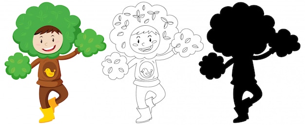 Vecteur gratuit enfant avec costume d'arbre en couleur et contour et silhouette