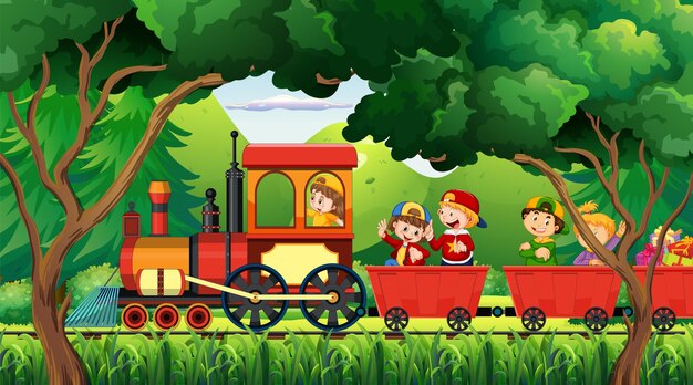 Un enfant dans un train avec une scène naturelle