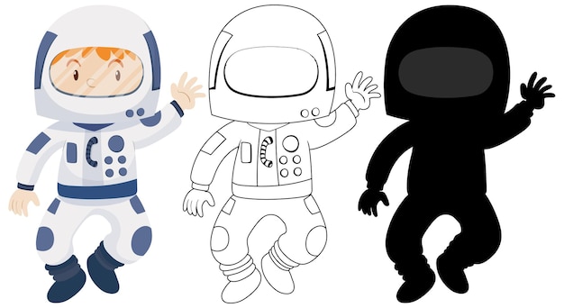 Vecteur gratuit enfant portant un costume d'astronaute avec son contour et sa silhouette