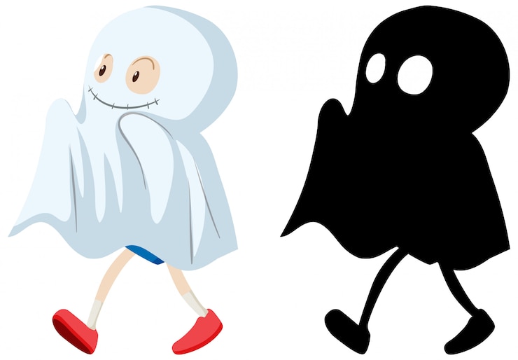 Vecteur gratuit enfant portant un costume de fantôme en couleur et silhouette