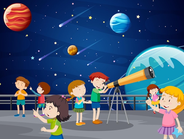 Vecteur gratuit un enfant regardant la planète avec telescop à l'observatoire