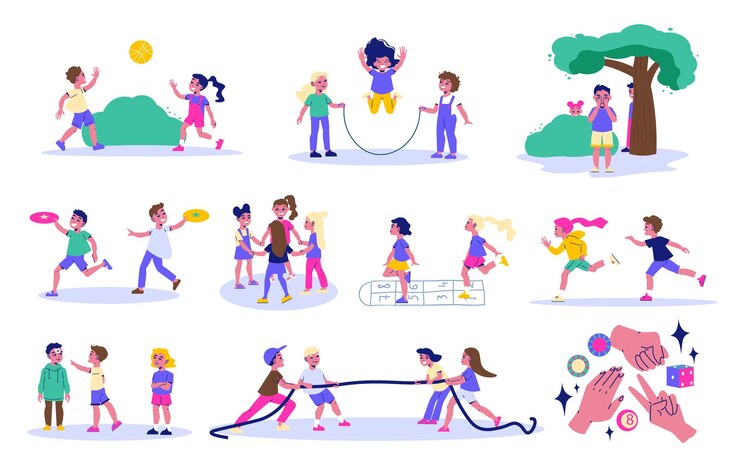Vecteur gratuit enfants actifs jeux amusants icônes plates définies illustration vectorielle isolée