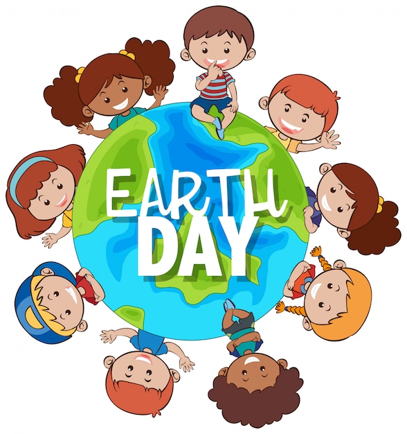 Vecteur gratuit les enfants autour de la terre pour la journée de la terre