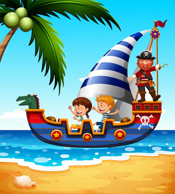 Vecteur gratuit enfants sur le bateau avec pirate