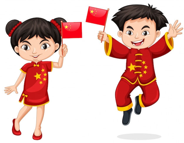 Vecteur gratuit enfants chinois tenant le drapeau