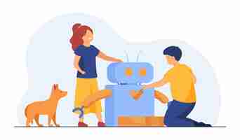 Vecteur gratuit enfants créant ou utilisant un robot. chien, machine d'alimentation pour animaux de compagnie, enfants. illustration de bande dessinée