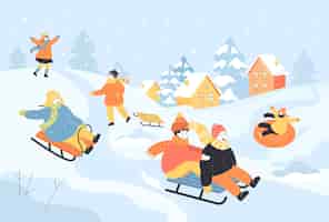 Vecteur gratuit enfants de dessin animé heureux glissant sur la colline sur des traîneaux. chute de neige, enfants s'amusant tout en faisant de la luge sur l'illustration vectorielle plane du toboggan. activités ou vacances d'hiver, concept d'enfance pour bannière