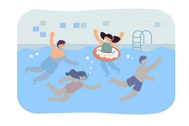 Vecteur gratuit enfants de dessin animé nageant dans la piscine. illustration plate