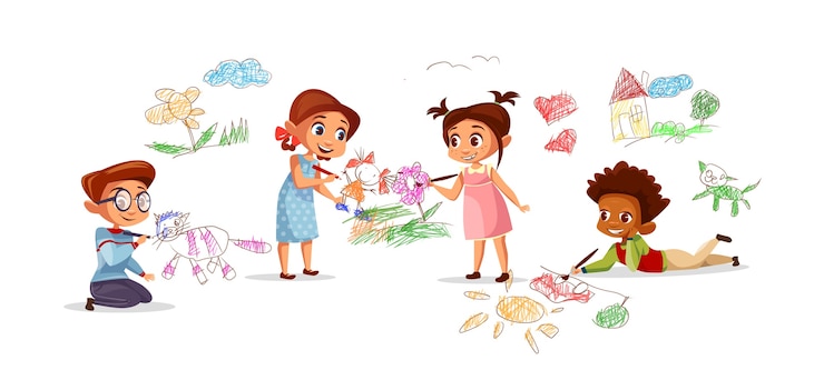 Vecteur gratuit enfants dessiner des images avec des crayons de craie de la maternelle des enfants de dessin animé.