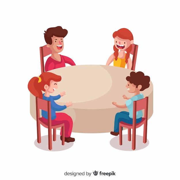 Vecteur gratuit enfants dessinés à la main assis autour d'une illustration de la table