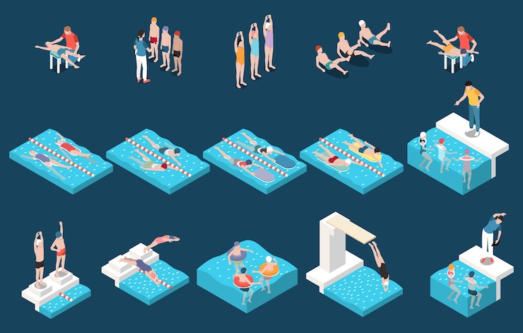 Vecteur gratuit enfants école de natation ensemble isométrique d'enfants faisant des exercices de préparation plongée entraînement dos crawlé natation avec anneaux et kickboard isolé illustration vectorielle