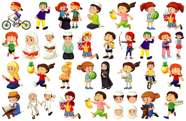 Enfants Faisant Différentes Activités Personnage De Dessin Animé Sur Fond Blanc