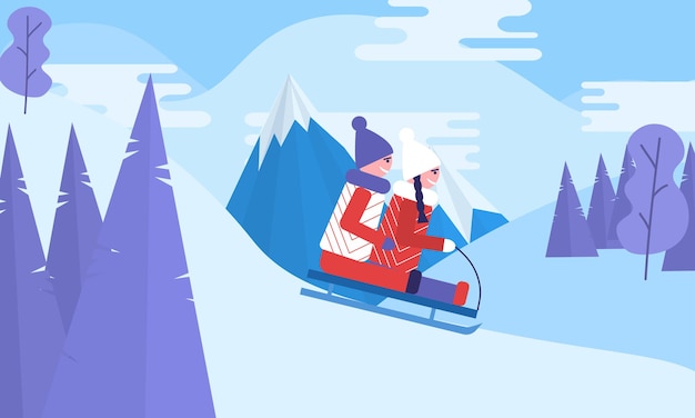 Enfants faisant de la luge activités hivernales en montagne garçon et fille glissant ensemble vers le bas illustration plate