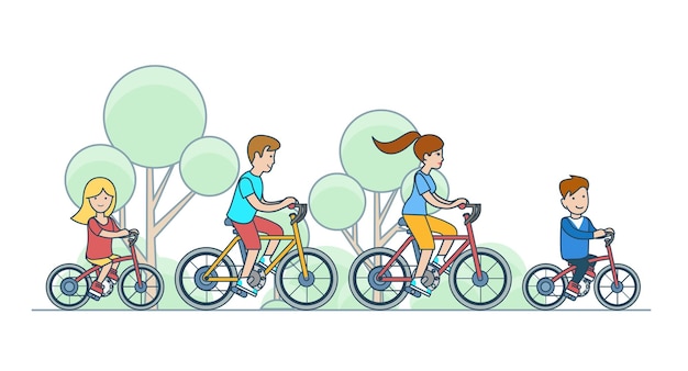 Vecteur gratuit enfants de la famille plat linéaire à vélo à l'illustration des personnages vectoriels de la forêt du parc