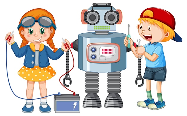 Vecteur gratuit enfants fixant un robot ensemble