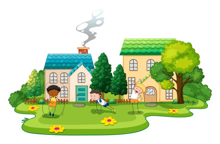Vecteur gratuit les enfants font des exercices devant l&#39;illustration des maisons