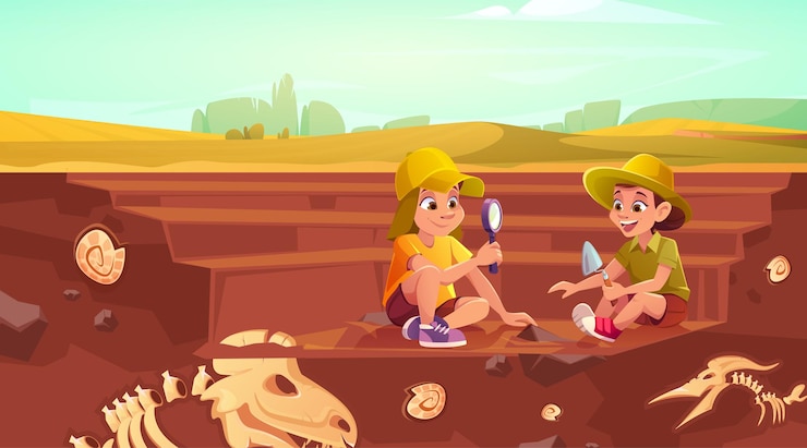 Vecteur gratuit les enfants font des fouilles de dinosaures fossiles. des enfants coiffés de chapeaux jouent aux archéologues et aux paléontologues. illustration de dessin animé de vecteur avec garçon et fille découvrent des squelettes et des coquillages enterrés dans les fouilles