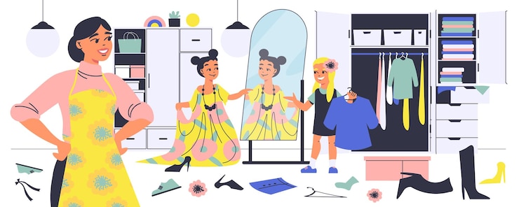 Vecteur gratuit les enfants habillent la composition plate avec une petite fille essayant l'illustration vectorielle de vêtements de maman