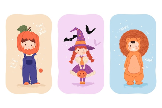 Vecteur gratuit enfants d'halloween dessinés dans un ensemble de costumes
