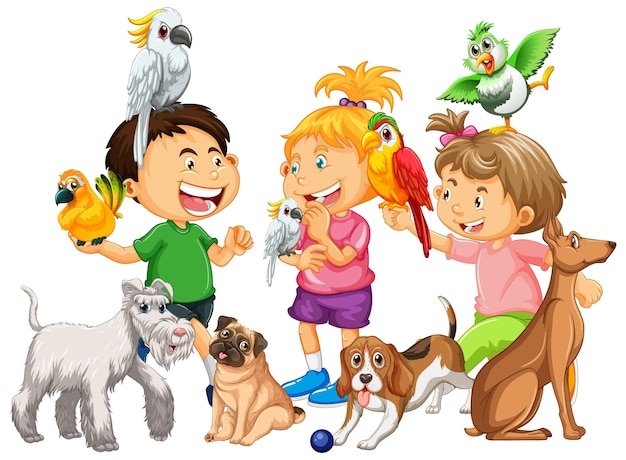 Vecteur gratuit enfants heureux avec leurs animaux de compagnie