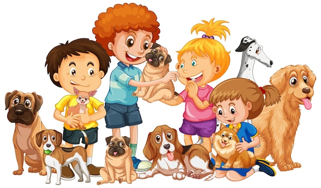 Vecteur gratuit enfants heureux avec leurs chiens en style cartoon