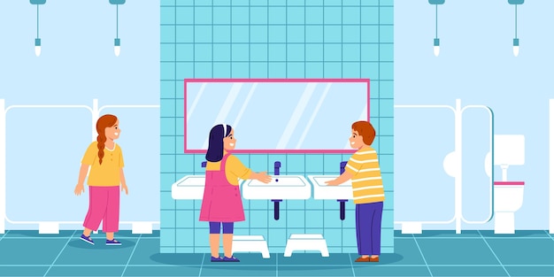 Vecteur gratuit des enfants heureux se lavent les mains dans les toilettes de la maternelle illustration vectorielle plane