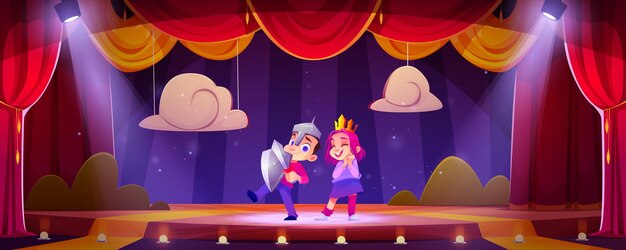 Enfants heureux se produisant sur scène de théâtre avec décorations et éclairage Illustration vectorielle de dessin animé de petits enfants jouant à la princesse chevalier en costumes s'amusant à l'école
