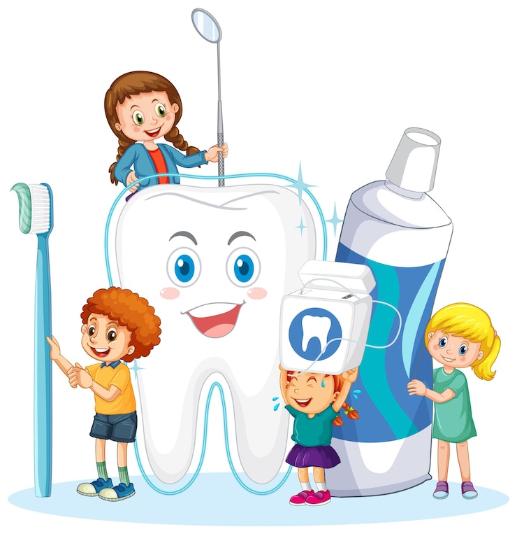 Vecteur gratuit enfants heureux tenant une brosse à dents de dentifrice et du fil dentaire sur blanc