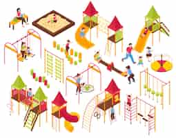 Vecteur gratuit enfants isométriques aire de jeux parents enfants sertie d'images isolées de carrousels d'échelles à bascule sur illustration vectorielle fond blanc