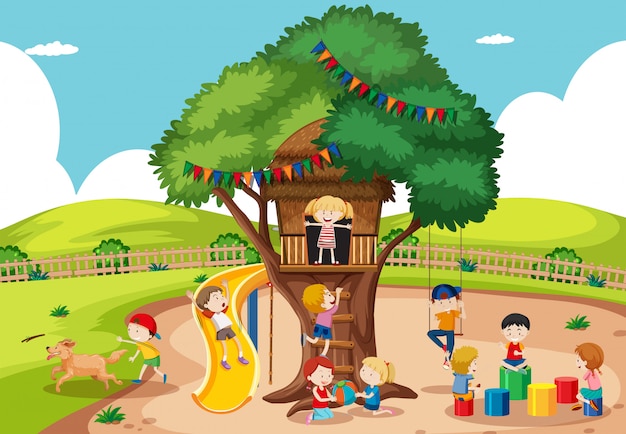 Vecteur gratuit enfants jouant dans une cabane