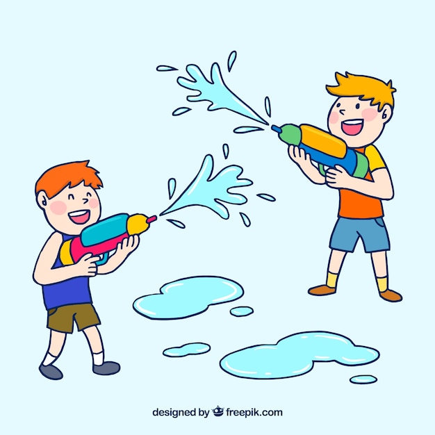 Vecteur gratuit enfants jouant avec des pistolets à eau en plastique